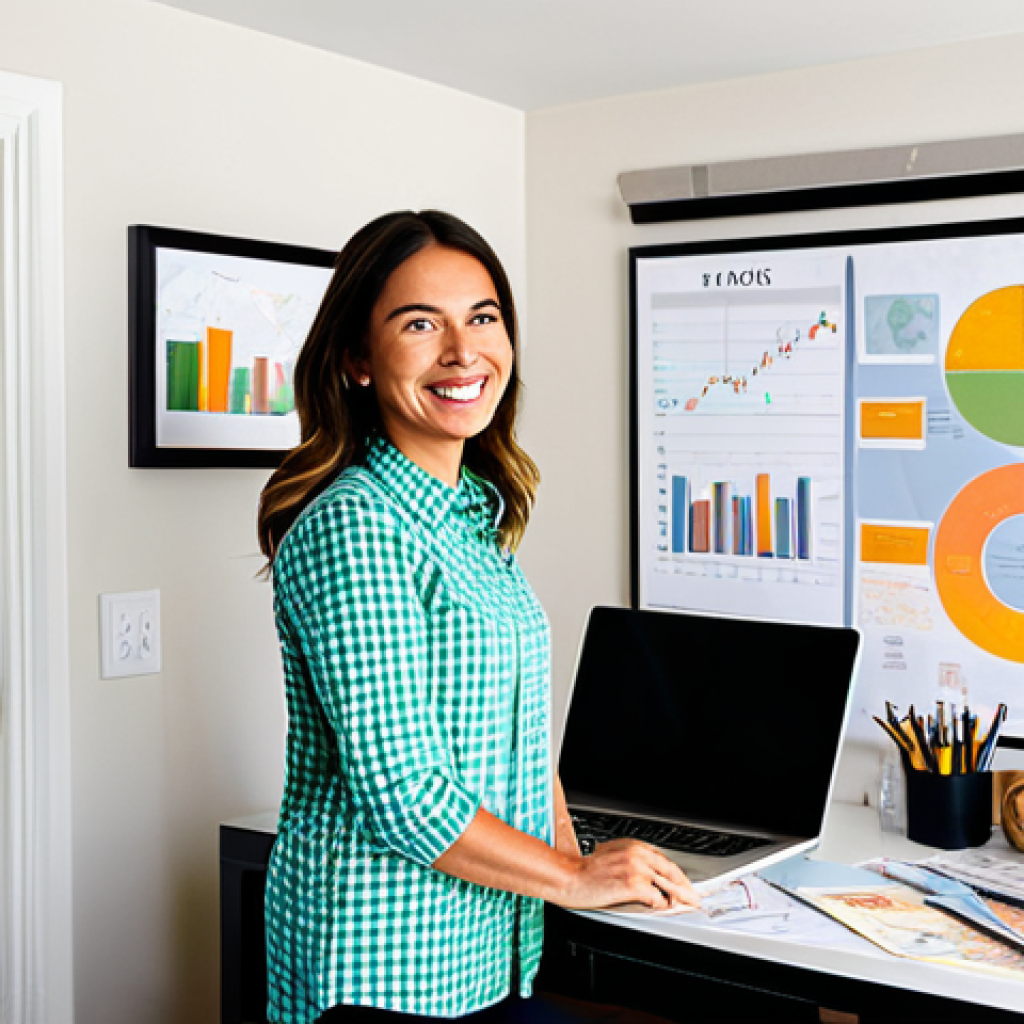 Financial Vision Board**
A brightly lit home office featuring a woman creating a vision board covered in images of travel, a cozy house, and financial charts. She is smiling and appears motivated. The scene emphasizes organization and inspiration. fully clothed, modest attire, safe for work, appropriate content, perfect anatomy, natural proportions, professional photograph, high quality, family-friendly.
**