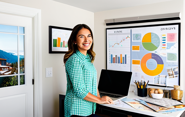 Financial Vision Board**
A brightly lit home office featuring a woman creating a vision board covered in images of travel, a cozy house, and financial charts. She is smiling and appears motivated. The scene emphasizes organization and inspiration. fully clothed, modest attire, safe for work, appropriate content, perfect anatomy, natural proportions, professional photograph, high quality, family-friendly.
**