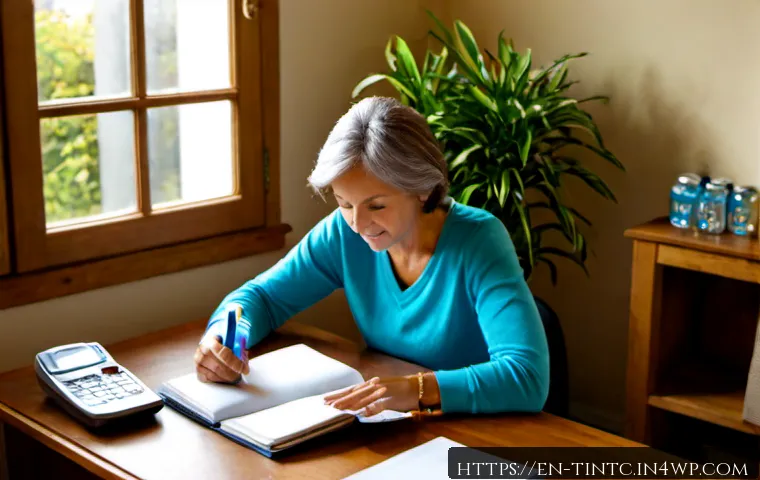 Home 17 금융 독립을 위한 지속 가능한 생활 습관 - Photorealistic morning home workspace for sustainable financial independence, a relaxed middle-aged ...