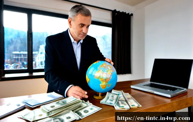 Home 17 금융 독립을 위한 글로벌 경제 분석 - Photorealistic home office scene of a confident middle-aged investor reviewing a clean globe and div...