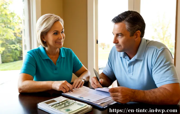금융 독립을 위한 불확실성에 대한 준비 전략 - Photorealistic middle-aged couple reviewing household finances at a bright kitchen table, organized ...